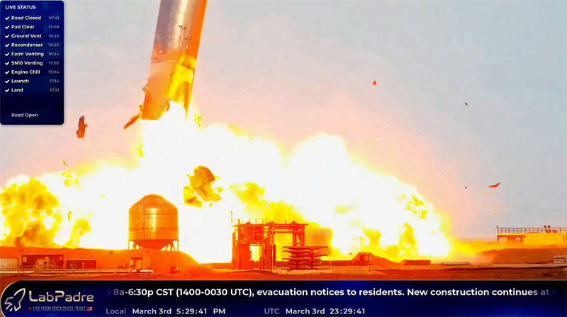 A few minutes after touchdown, the Starship prototype exploded, blasting the rocket's upper section away in a spectacular conflagration. / Credit: LabPadre webcast