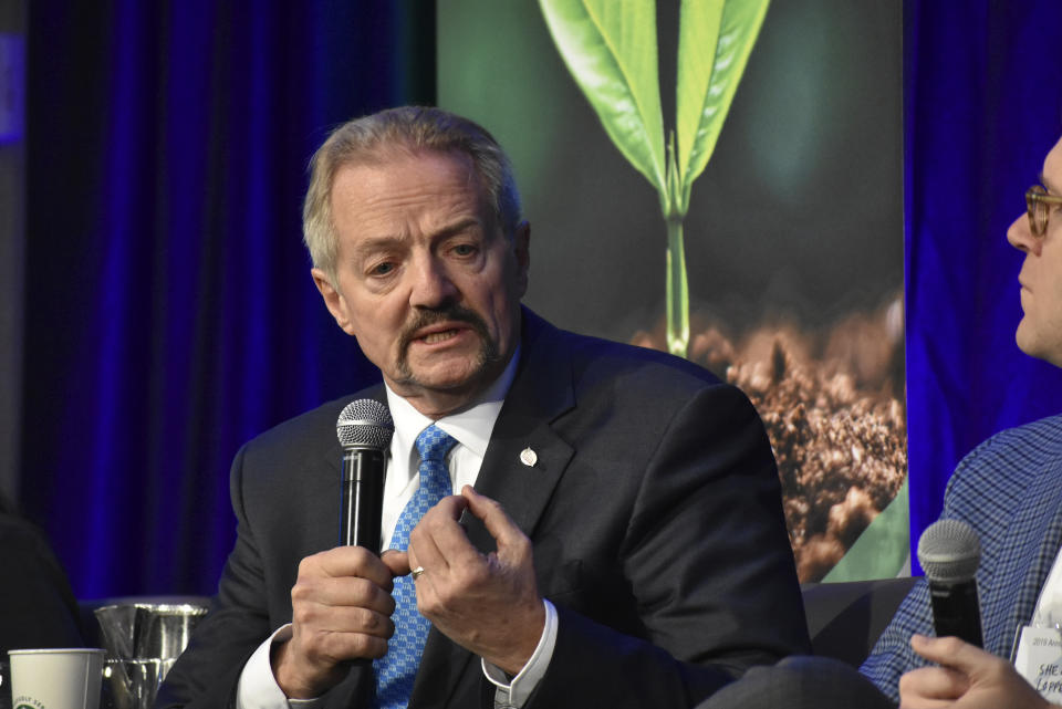 FILE - In this Oct. 11, 2019, file photo, U.S. Bureau of Land Management Acting Director William "Perry" Pendley speaks at a conference for journalists in Fort Collins, Colo. The former oil industry attorney will continue for now calling the shots at a government agency that oversees nearly a quarter-billion public acres in the U.S. West. That's despite the White House saying over the weekend that President Trump would withdraw the nomination of Pendley. (AP Photo/Matthew Brown, File)