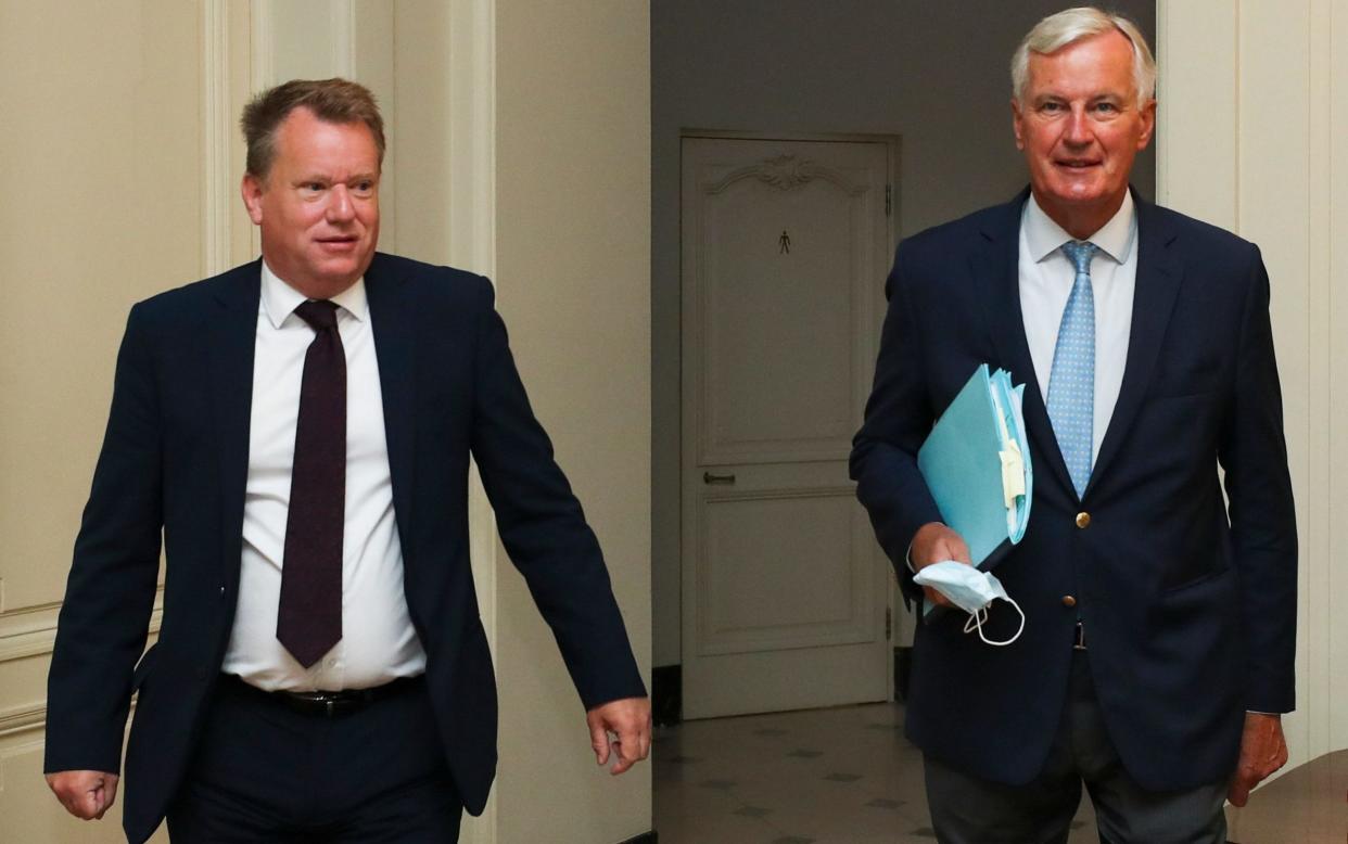 David Frost, the UK's chief negotiator, and Michel Barnier, the EU's top Brexit official, in Brussels last week. - Yves Herman/EPA-EFE/Shutterstock