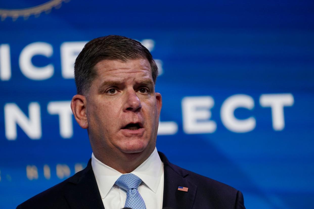 Mandatory Credit: Photo by Susan Walsh/AP/Shutterstock (11700432af)President-elect Joe Biden's nominee for Secretary of Labor, Boston Mayor Marty Walsh speaks during an event at The Queen theater in Wilmington, DelBiden, Wilmington, United States - 08 Jan 2021.