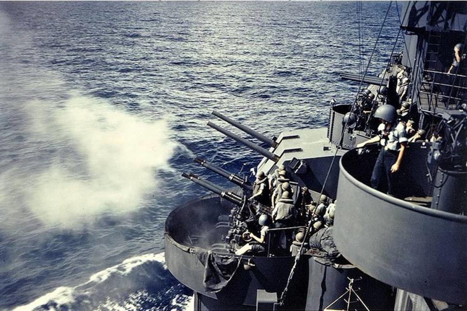 At least seven warships have carried names of Mississippi Coast towns. This is the crew of USS Biloxi testing anti-ircraft guns during an October 1943 shakedown cruise. (Credit: U.S. Navy Photograph/U.S. National Archives.)