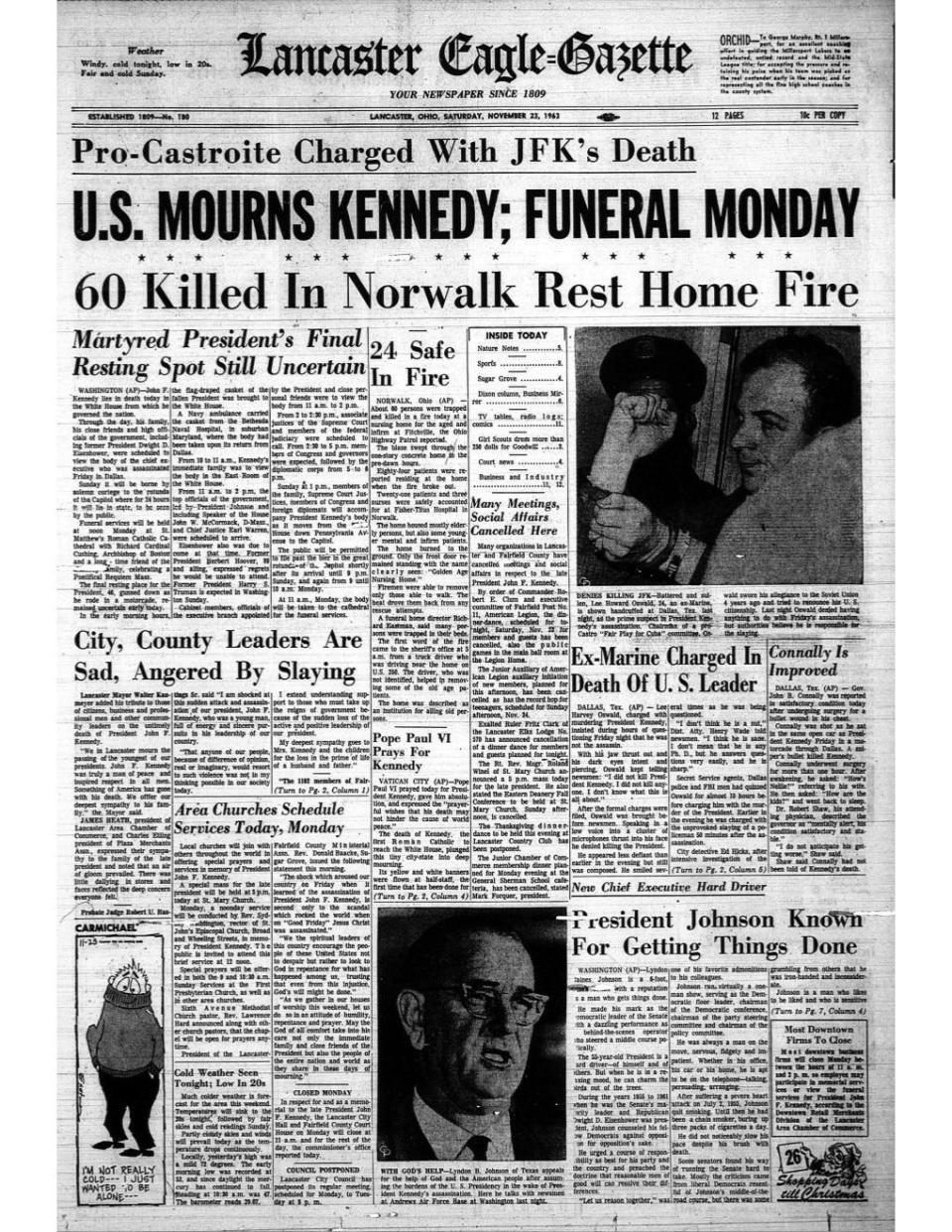 The front page of the Nov. 23, 1963 Lancaster Eagle-Gazette.