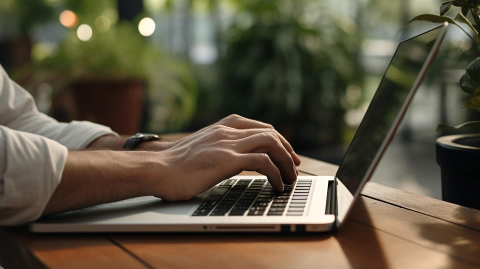 Hands typing on a laptop, demonstrating the company's online banking services.