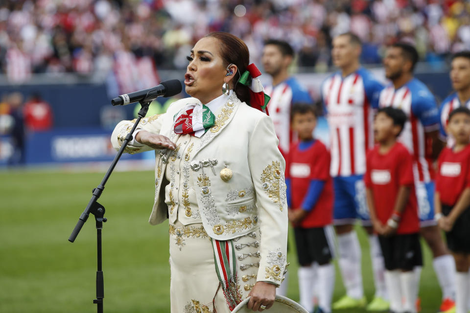 Grammy Award winning Mexican singer and actress Aida Cuevas sings the Mexican National Anthem before the Superclasico 2019 football match between the Chivas de Guadalajara and Club America on September 8, 2019 at Soldier Field stadium in Chicago, Illinois. (Photo by KAMIL KRZACZYNSKI / AFP)        (Photo credit should read KAMIL KRZACZYNSKI/AFP via Getty Images)