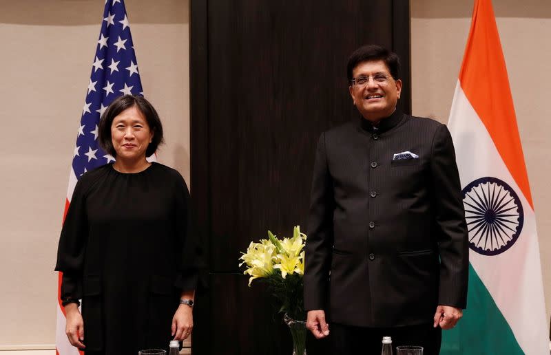 U.S. Trade Representative Katherine Tai and India's Minister of Commerce and Industry, Piyush Goyal, poses for a picture before start of their meeting in New Delhi