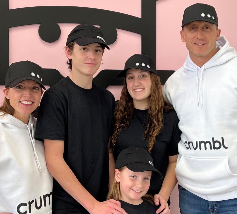 Beth and Paul Nardozzi with their family, son Brady, and daughters Grace and Ruby. The Nardozzis are owners of the new Crumbl Cookies in East Greenwich.
