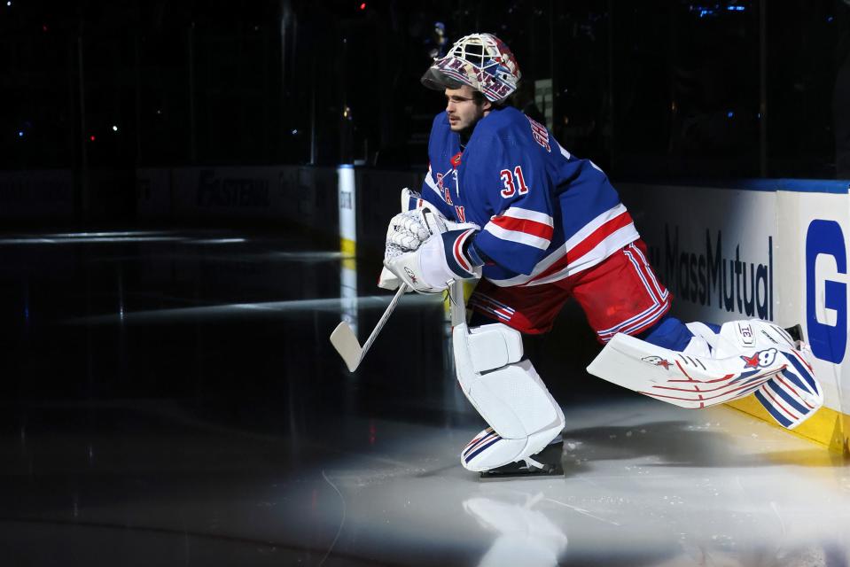 Igor Shesterkin #31 of the New York Rangers warms up before Game Five of the Second Round of the 2024 Stanley Cup Playoffs at Madison Square Garden on May 13, 2024 in New York City. (Photo by Bruce Bennett/Getty Images)