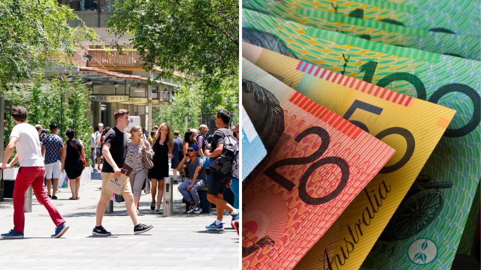 People walking and Australian money. Work concept.