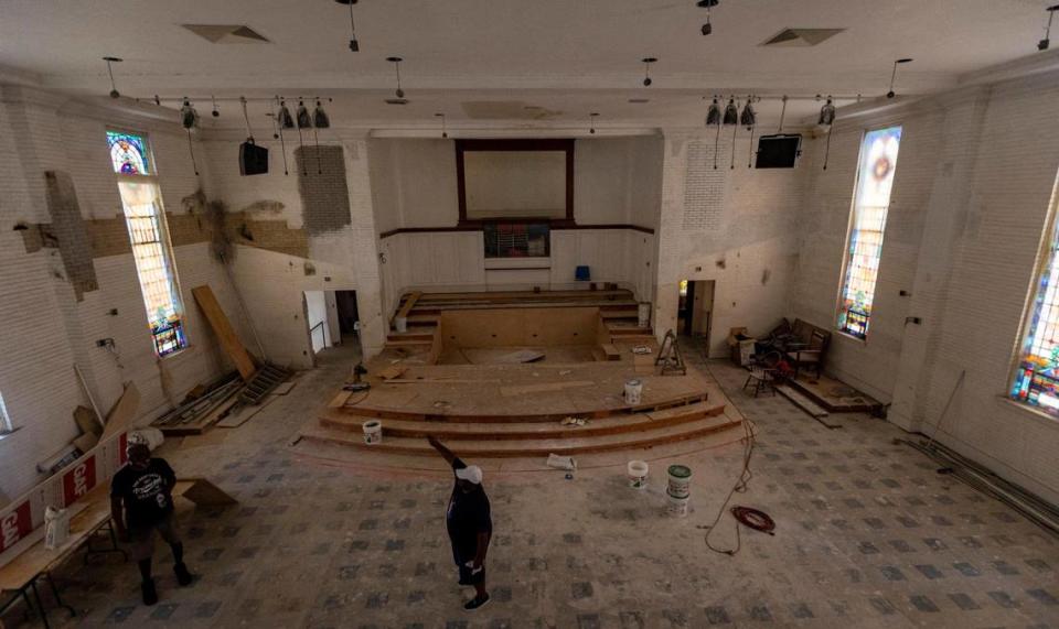 Miami, Florida, July 24, 2023 - A view of the main altar from the upper level as the renovation of the interior of the historic church continues at St. John Institutional Missionary Baptist Church.
