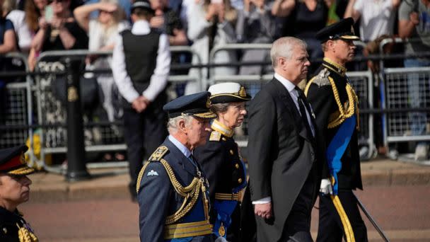 PHOTO: Britain's King Charles III, Princess Anne, Prince Andrew and Prince Edward follow the coffin of Queen Elizabeth II during a procession from Buckingham Palace to Westminster Hall in London, Sept. 14, 2022.  (Christophe Ena/Pool via Reuters)