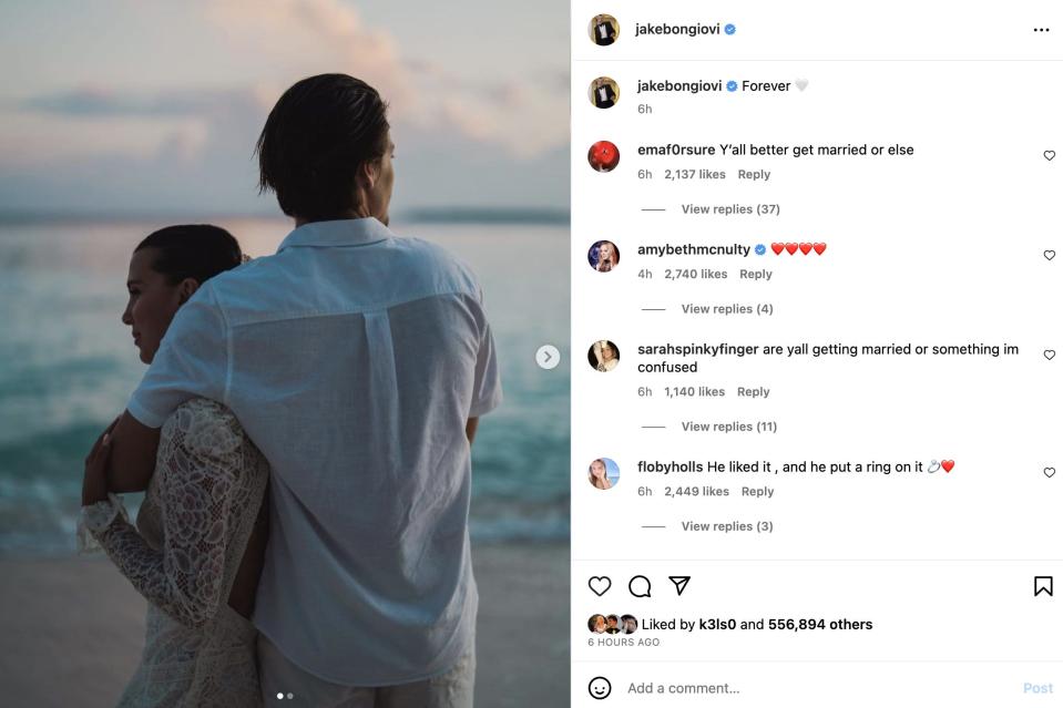 A screenshot of Jake Bongiovi's engagement announcement on Instagram.