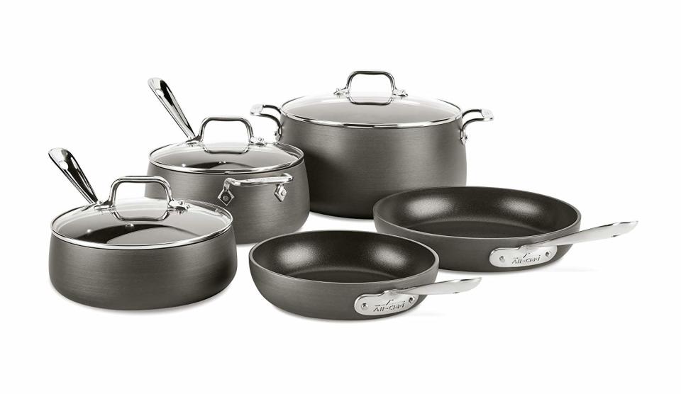 All-Clad HA1 8-Piece Hard Anodized Nonstick Dishwasher Safe PFOA Free Cookware Set. (Photo: Amazon)