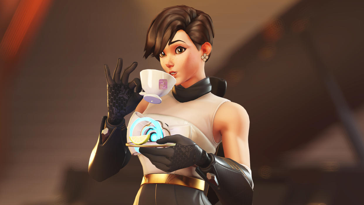  Overwatch 2 character Tracer in formal wear holding a teacup. 