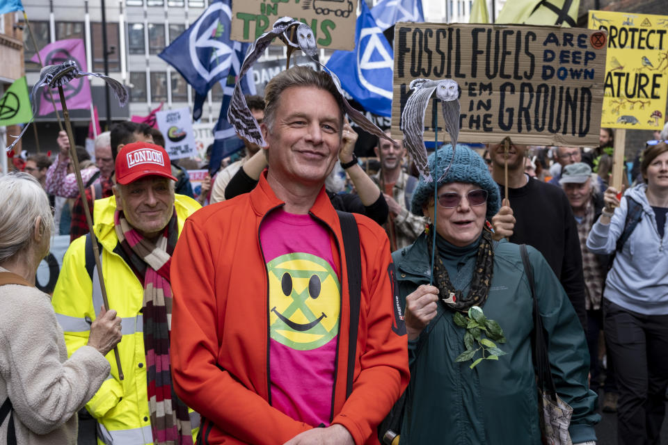 Naturalist and broadcaster Chris Packham joins thousands of protesters from the environmental group Extinction Rebellion gather on Earth Day for The Big One For Biodiversity March non-disruptive protest in Westminster on 22nd April 2023 in London, United Kingdom. Extinction Rebellion is a climate change group started in 2018 and has gained a huge following of people committed to peaceful protests. These protests are highlighting that the government is not doing enough to avoid catastrophic climate change and to demand the government take radical action to save the planet. (photo by Mike Kemp/In Pictures via Getty Images)