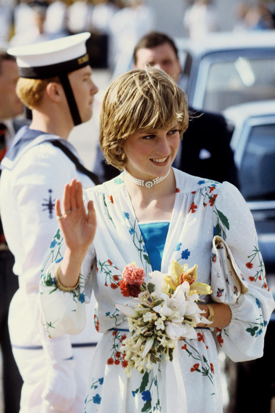 <p>Princess Diana received her first piece of jewelry on her 18th birthday — a pearl choker with turquoise stones at the center. In 1984, decided to have the gems exchanged for pearls so that she would never have to worry about showing the clasp at the back. Here, the princess is pictured wearing the necklace on her honeymoon. (Photo: PA) </p>