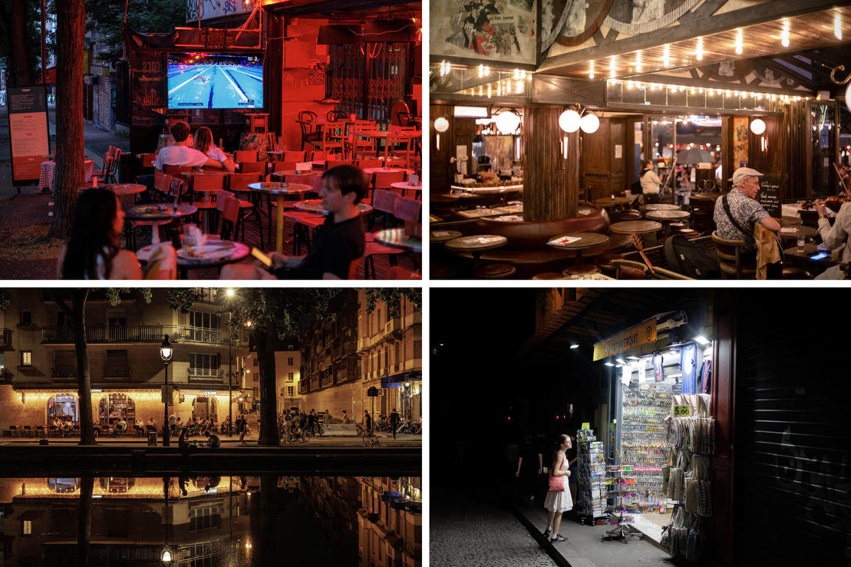 Clockwise from top left: A couple watches Olympic swimming outside a bar in Paris. A band plays in a quiet restaurant. A tourist browses a store in Montmartre. People gather on the banks of the Canal Saint-Martin on Wednesday night. (Rafael Yaghobzadeh for NBC News)