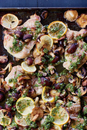 Sheet Pan Chicken and Mushrooms with Parsley Sauce