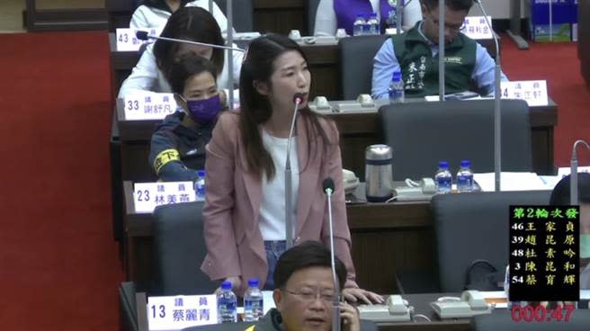 民進黨議員蔡麗青不滿國民黨團吵鬧不休，要求盡快開會審法案。（摘自台南市議會直播／張毓翎台南傳真）