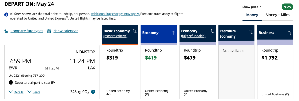 Screenshot of cost for United from New York to Los Angeles for Memorial Day