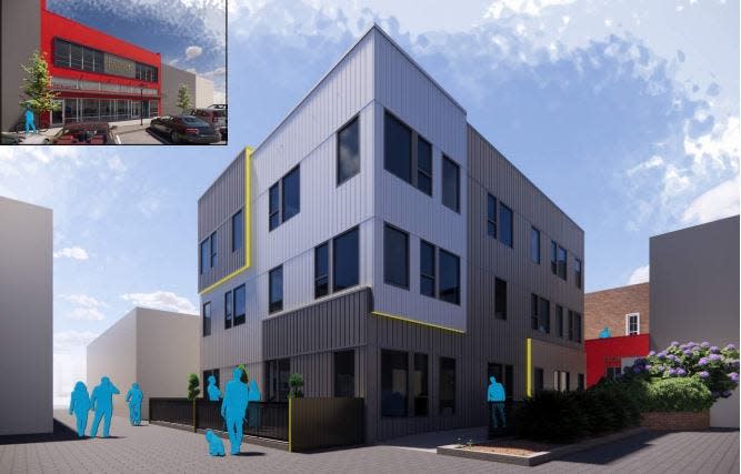 Renderings of the apartment building neighboring the alley at the Retro Electro building planned for 236 Commercial St. NE.