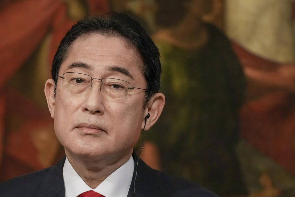 Japanese Prime Minister Fumio Kishida looks on during a joint press statement with Italian Premier Giorgia Meloni at the end of their meeting they held at Chigi Palace government office, Tuesday, Jan. 10, 2023. Kishida is in Italy as part of a five-nation tour abroad. (AP Photo/Andrew Medichini)