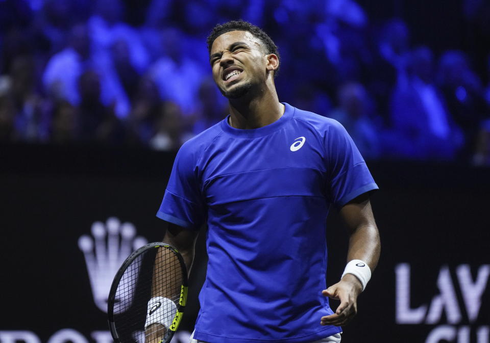 Team Europe's Arthur Fils reacts after losing a point to Team World's Ben Shelton during the first set of a Laver Cup tennis singles match in Vancouver, British Columbia, Friday, Sept. 22, 2023. (Darryl Dyck/The Canadian Press via AP)