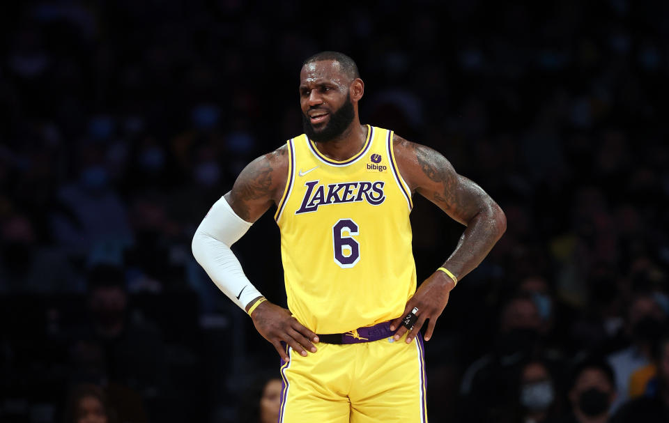 LOS ANGELES, CALIFORNIA - NOVEMBER 02:  LeBron James #6 of the Los Angeles Lakers at Staples Center on November 02, 2021 in Los Angeles, California.  NOTE TO USER: User expressly acknowledges and agrees that, by downloading and/or using this Photograph, user is consenting to the terms and conditions of the Getty Images License Agreement. (Photo by Ronald Martinez/Getty Images)