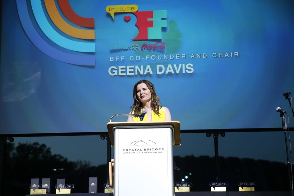 <div class="inline-image__caption"><p>Geena Davis speaks onstage at the 4th Annual Bentonville Film Festival Awards on May 5, 2018, in Bentonville, Arkansas.</p></div> <div class="inline-image__credit">Phillip Faraone/Getty</div>