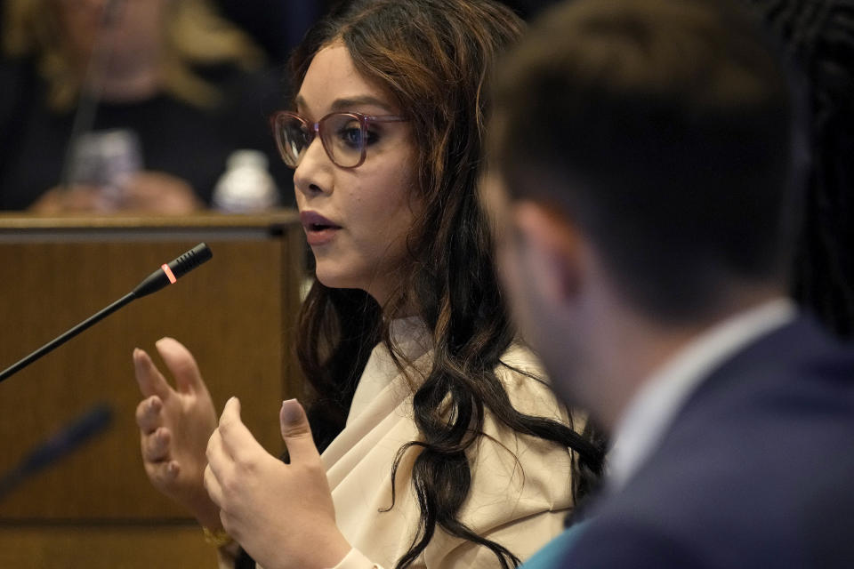 Merrique Jenson speaks in favor of a resolution that would make Kansas City, Mo, a sanctuary city for transgender people during a committee meeting to consider the resolution, Wednesday, May 10, 2023, in Kansas City, Mo. The move comes in the wake of Missouri legislators voting to ban gender-affirming care and trans athletes. (AP Photo/Charlie Riedel)