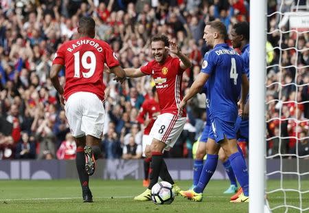 Britain Football Soccer - Manchester United v Leicester City - Premier League - Old Trafford - 24/9/16 Manchester United's Marcus Rashford celebrates scoring their third goal Action Images via Reuters / Carl Recine Livepic