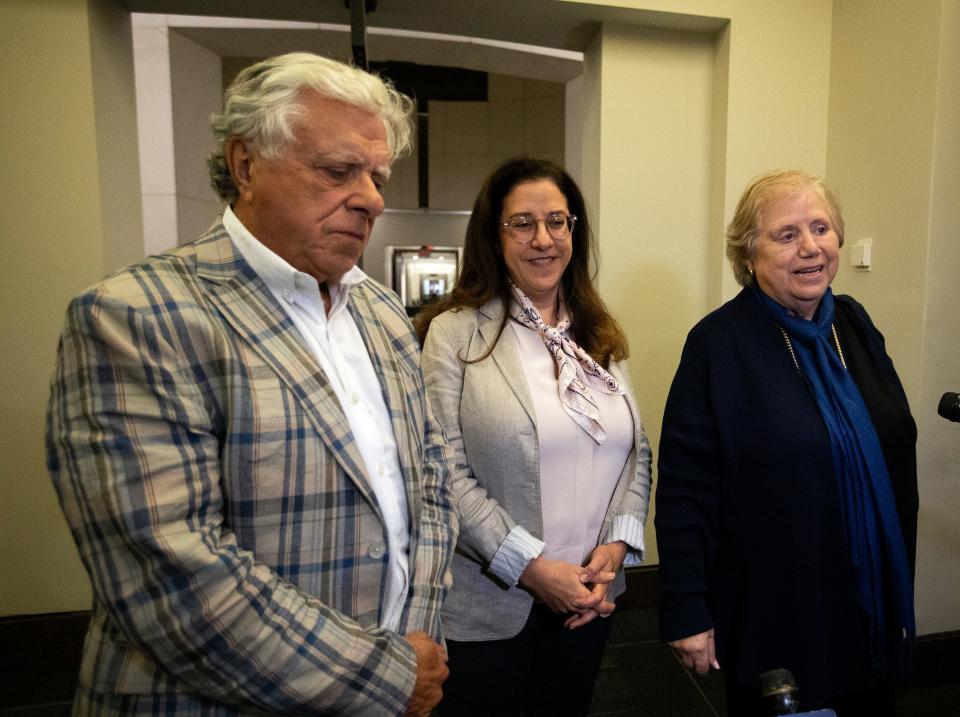 Phil, Shelly and Ruth Markel speak during a press conference on Friday, May 27, 2022 after the jury found Katherine Magbanua guilty of all charges in her retrial for the 2014 murder of Dan Markel in Tallahassee, Fla. 