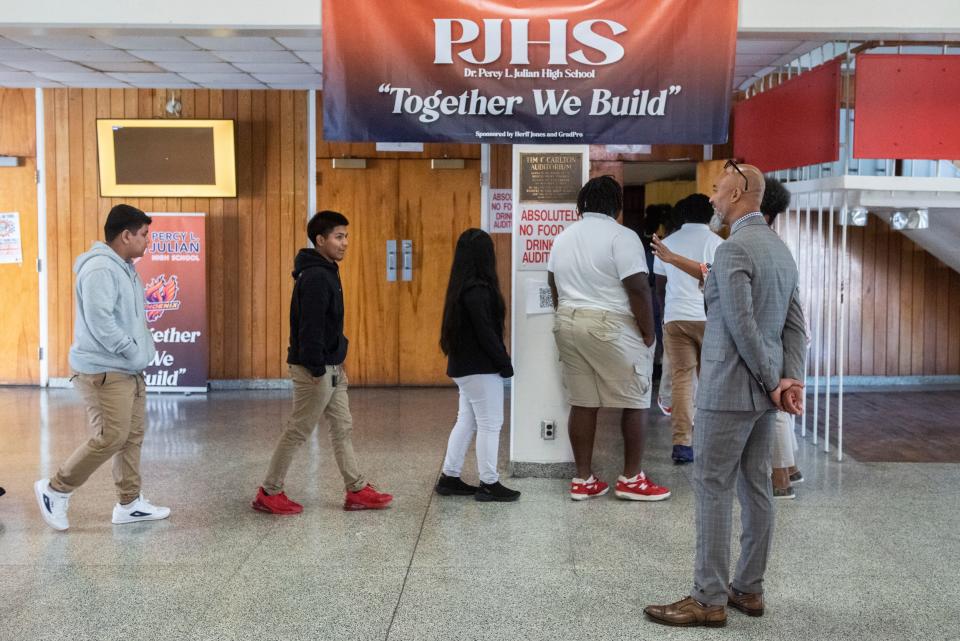 Montgomery Public Schools Superintendent Melvin Brown greets students at Percy Julian High School in Montgomery, Ala., on Tuesday, Sept. 19, 2023.