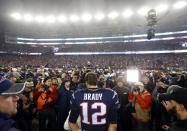 <p>New England Patriots quarterback Tom Brady (12) is interviewed after the 2017 AFC Championship Game against the Pittsburgh Steelers at Gillette Stadium. Mandatory Credit: Winslow Townson-USA TODAY Sports </p>