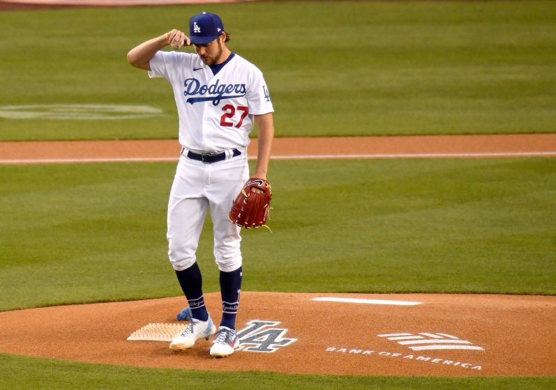 LOS ANGELES, CALIFORNIA - APRIL 13: Trevor Bauer #27 of the Los Angeles Dodgers before the game against the Colorado Rockies.