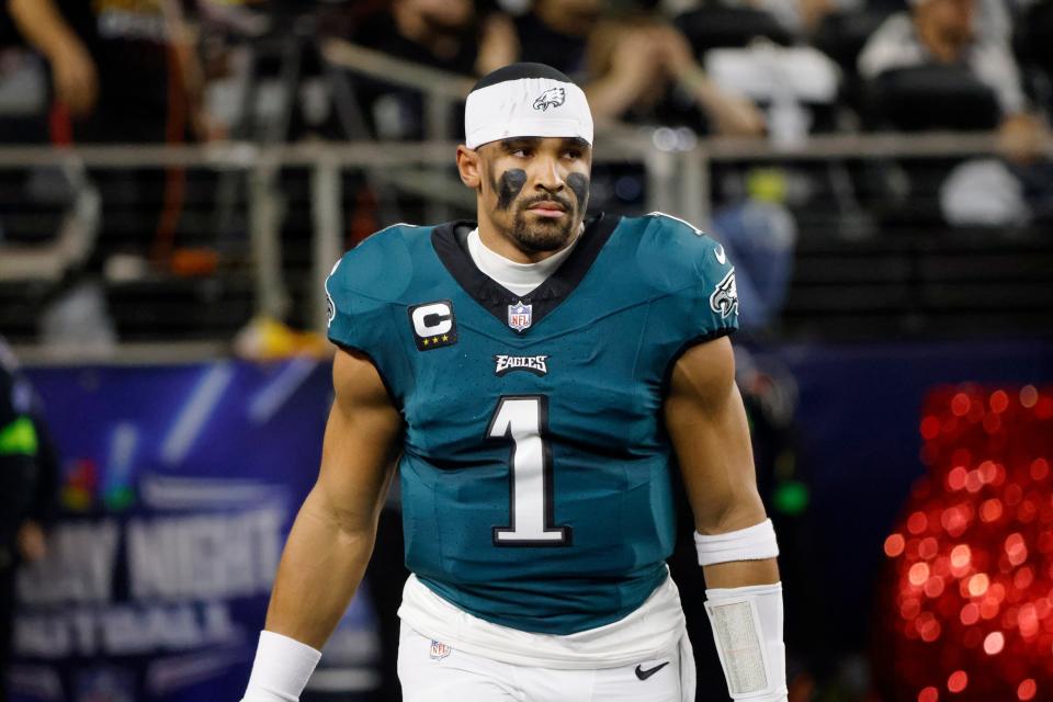 Philadelphia Eagles quarterback Jalen Hurts (1) stands on the field prior to an NFL Football game in Arlington, Texas, Sunday, Dec. 10, 2023.
