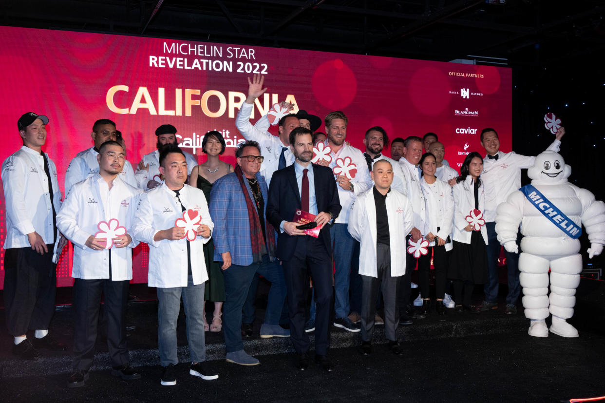 Michelin star chefs pose after getting their awards at the California Michelin awards ceremony at the Peterson Museum Monday, December 5, 2022. (David Crane via Getty Images)