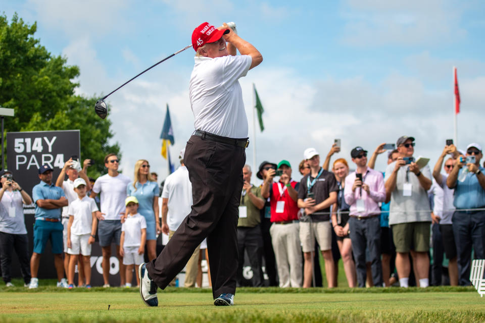 Jul 28, 2022; Bedminster, NJ, former president Donald Trump hits a tee shot during the LIV Invitational Pro-Am at Trump National Golf Club. Photo: John Jones-USA TODAY Sports