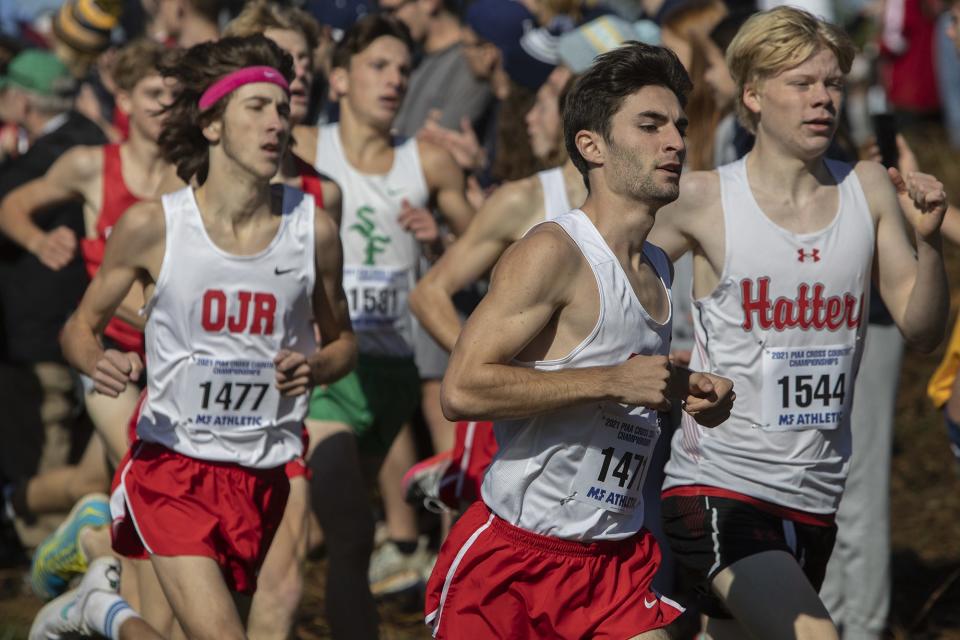 Hatboro-Horsham's Brian DiCola, far right, competes in the PIAA Class 3A boys' cross country championships in Hershey on Saturday, November 6, 2021.