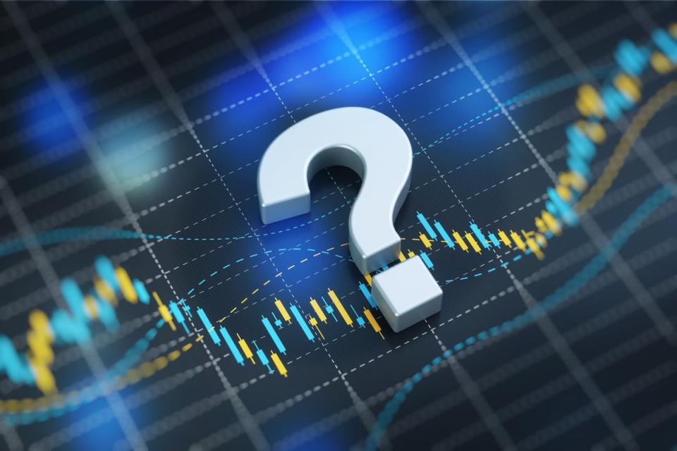 A stock chart with a large question mark in the middle of it.