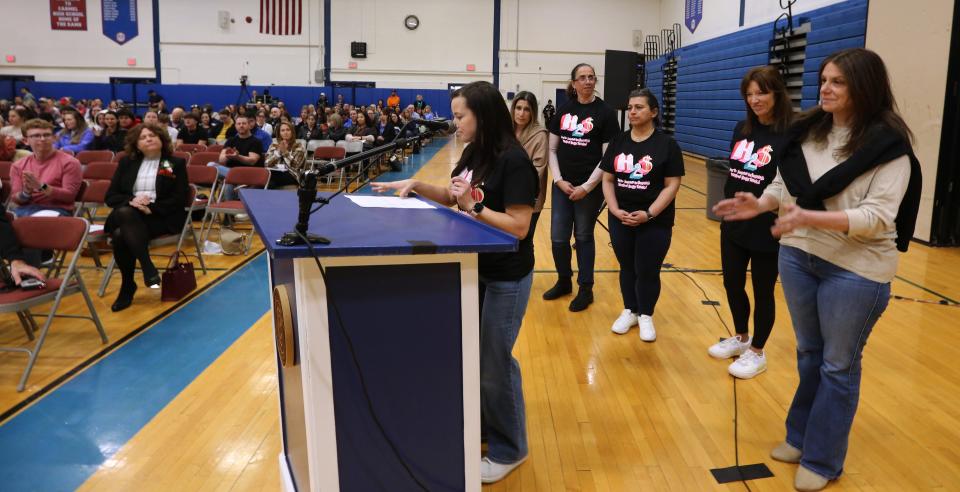 Raegan Sedlarcik, president of the Carmel Performing Arts Booster Club, speaks during a Carmel School District Board of Education meeting at Carmel High School March 12, 2024.