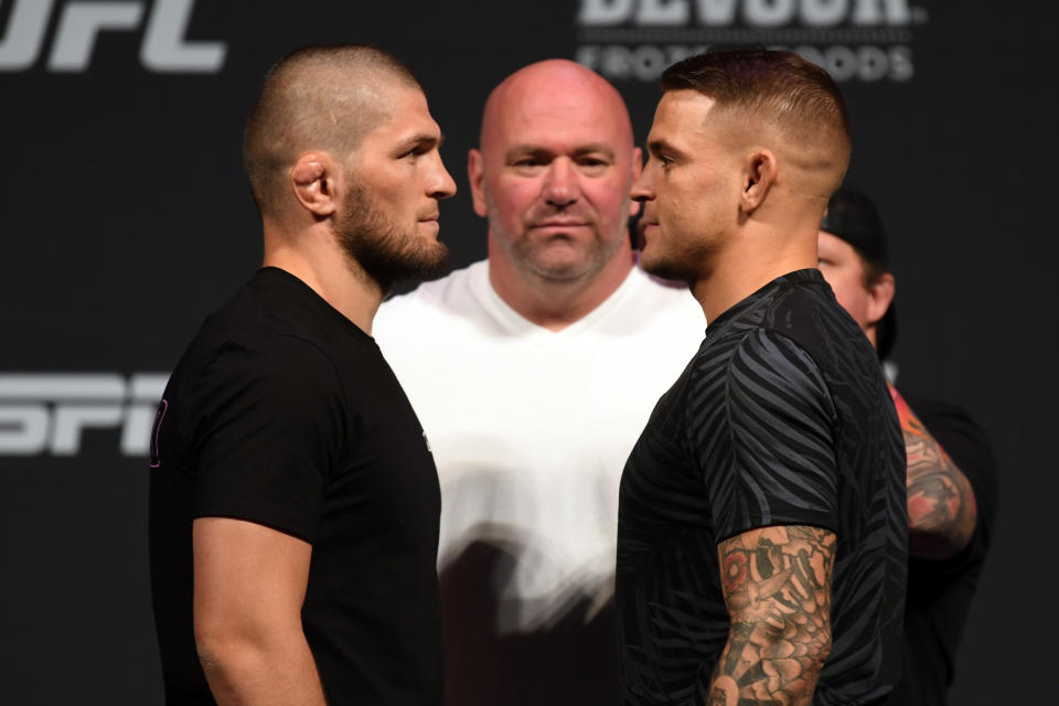 LAS VEGAS, NEVADA - JULY 05:  (L-R) UFC lightweight champion Khabib Nurmagomedov of Russia and UFC interim lightweight champion Dustin Poirier face off during the UFC seasonal press conference at T-Mobile Arena on July 5, 2019 in Las Vegas, Nevada. (Photo by Josh Hedges/Zuffa LLC/Zuffa LLC via Getty Images)