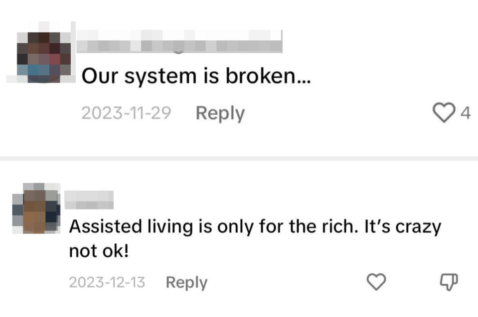 TikTok comments include "Our system is broken" and "Assisted living is only for the rich. It's crazy not ok!"