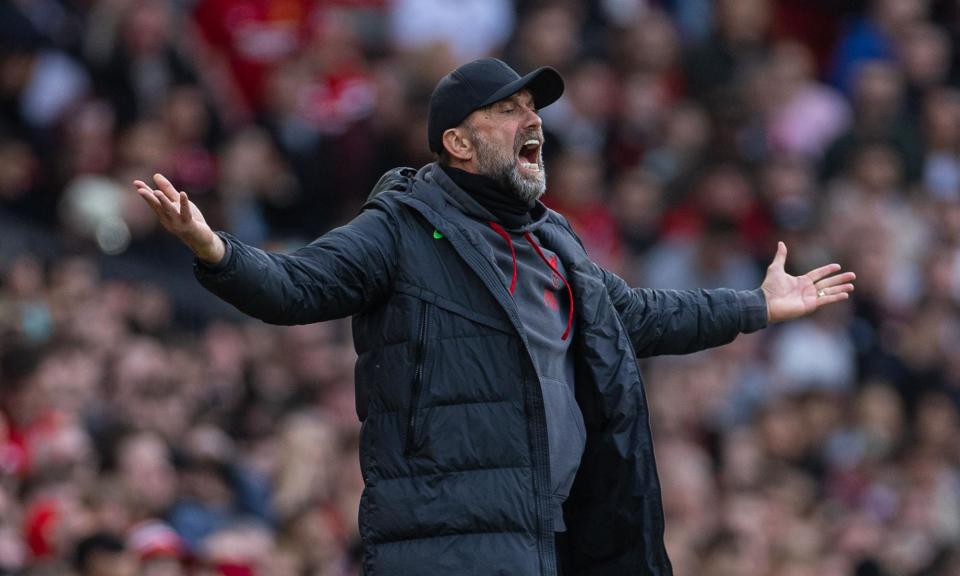 <span>Jürgen Klopp giving off some vibes at Old Trafford on Sunday.</span><span>Photograph: Xinhua/Shutterstock</span>