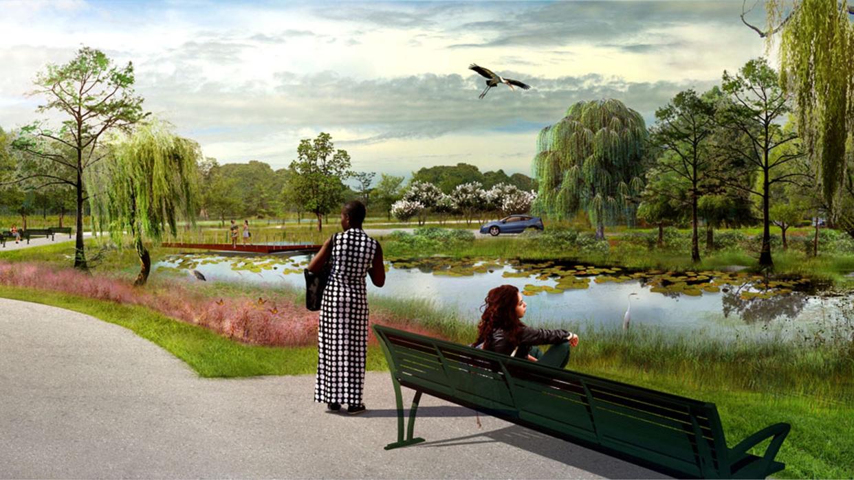 An artist’s rendering of the Emerald Trail and a restored McCoys Creek.