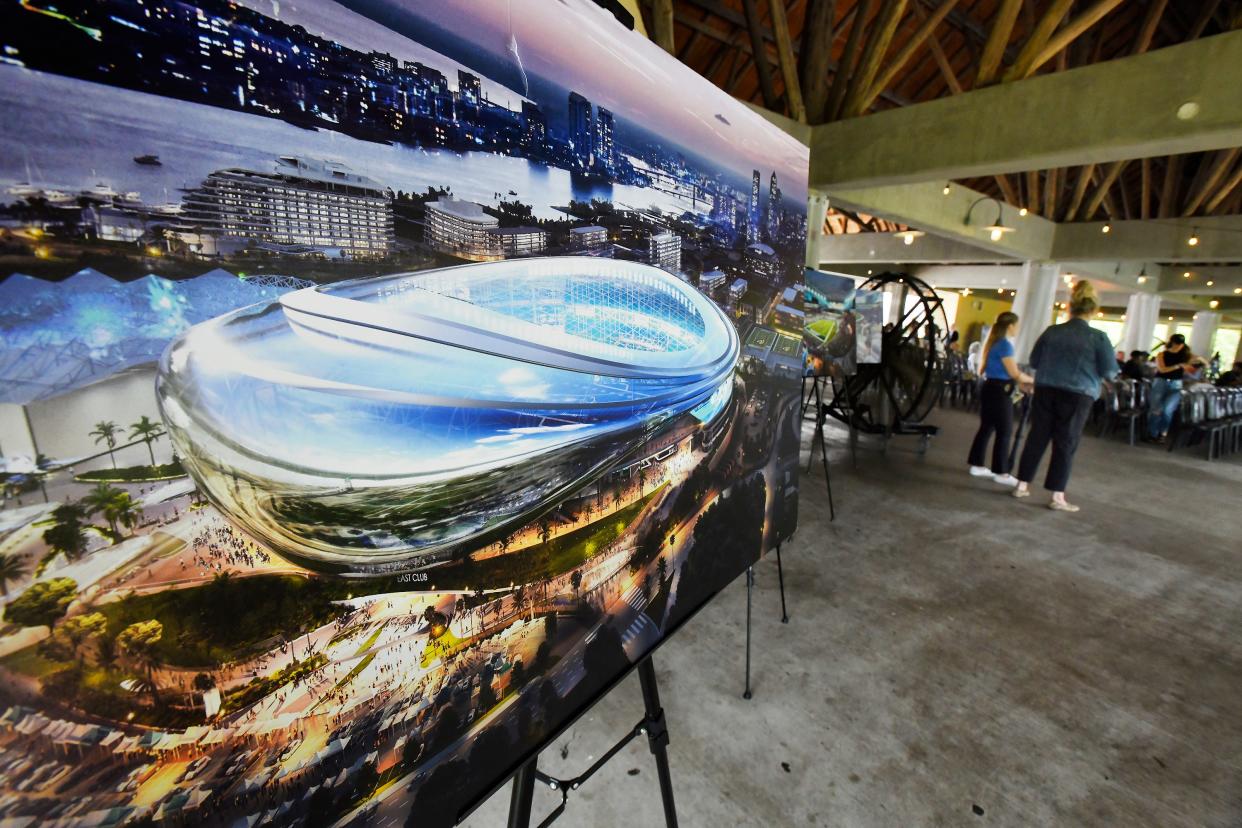 Artist's renderings of proposed stadium upgrades were on display as Jacksonville Jaguars Team President Mark Lamping talked to the audience at his 14th Jaguars Town Hall session at the Jacksonville Zoo and Gardens on June 22.