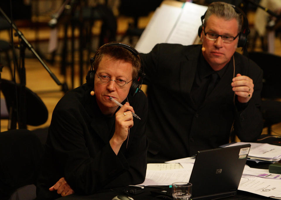 Film critic Mark Kermode (right) and Simon Mayo join the BBC Philharmonic orchestra at MediaCityUK in Salford, for the film review show on BBC Radio 5 live.   (Photo by Dave Thompson/PA Images via Getty Images)