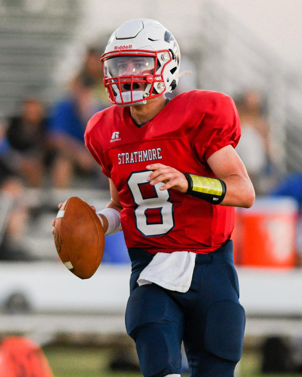 Strathmore's Bryson Bias looks to pass in a game during the 2022 high school football season.