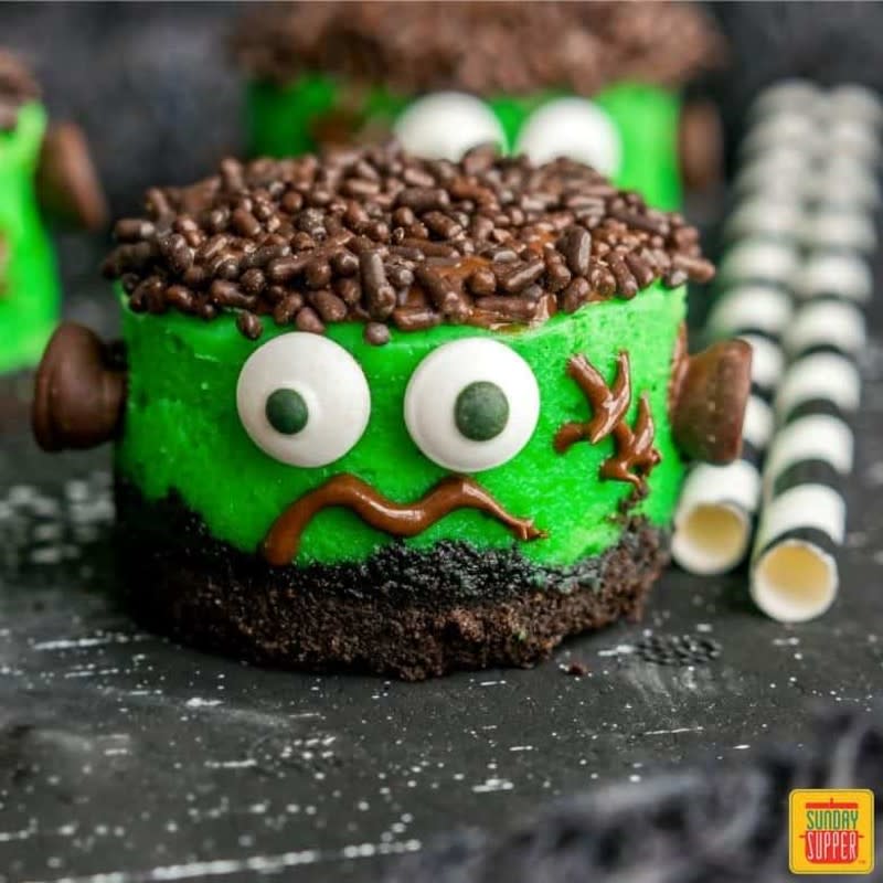 <p>Sunday Supper Movement</p><p>They're everything you know and love about classic cheesecake, downsized into mini cakelets and decorated to look like the classic Halloween monster. </p><p><strong>Get the recipe: <a href="https://sundaysuppermovement.com/mini-frankenstein-cheesecakes/" rel="nofollow noopener" target="_blank" data-ylk="slk:Mini Frankenstein Cheesecakes;elm:context_link;itc:0;sec:content-canvas" class="link ">Mini Frankenstein Cheesecakes </a></strong></p>