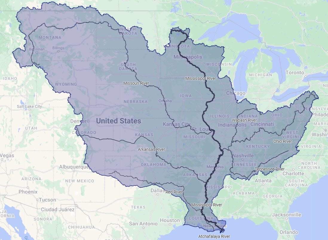 A map of the Mississippi River basin, including the Mississippi River (bold line) and its major tributaries, based on U.S. Geological Survey data.