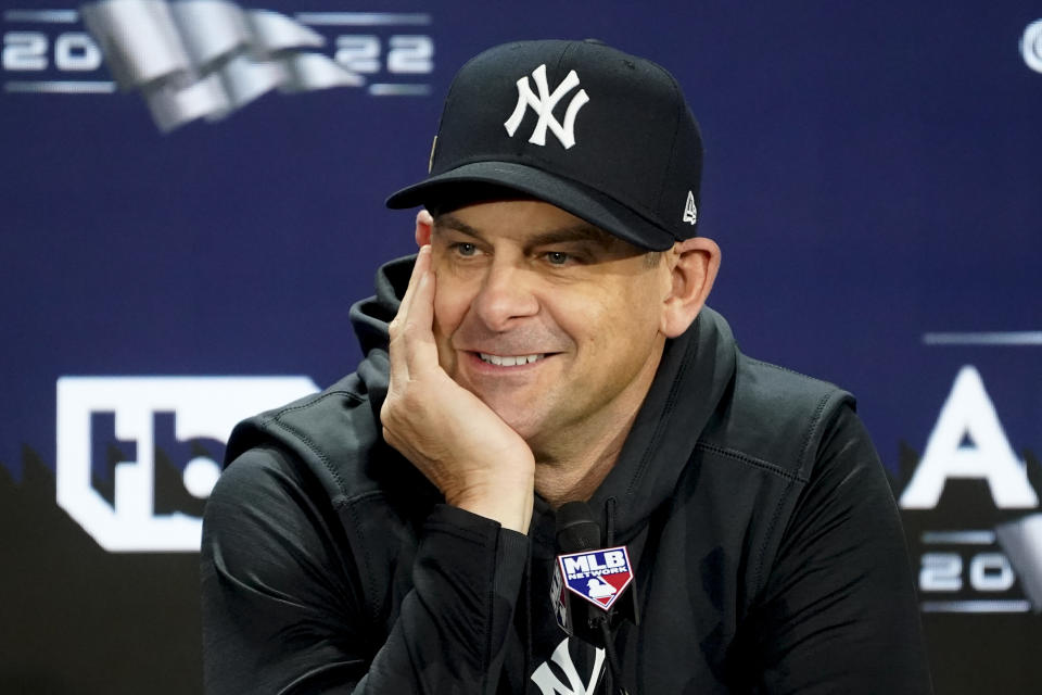 New York Yankees manager Aaron Boone attends a news conference before a workout ahead of Game 1 of baseball's American League Division Series against the Cleveland Guardians, Monday, Oct. 10, 2022, in New York. (AP Photo/John Minchillo)